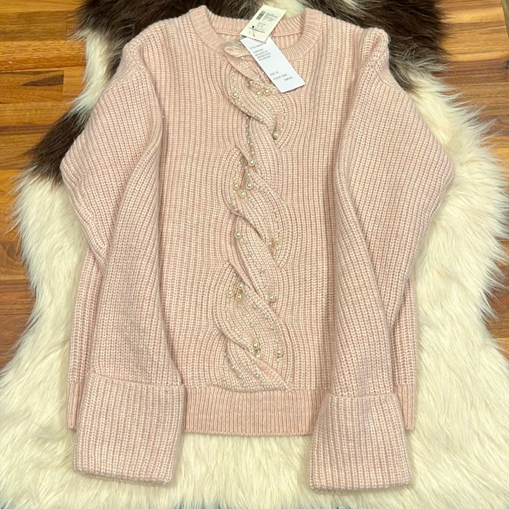DESIGN HISTORY Faux Pearl Cable Knit Sweater Pink Smoke